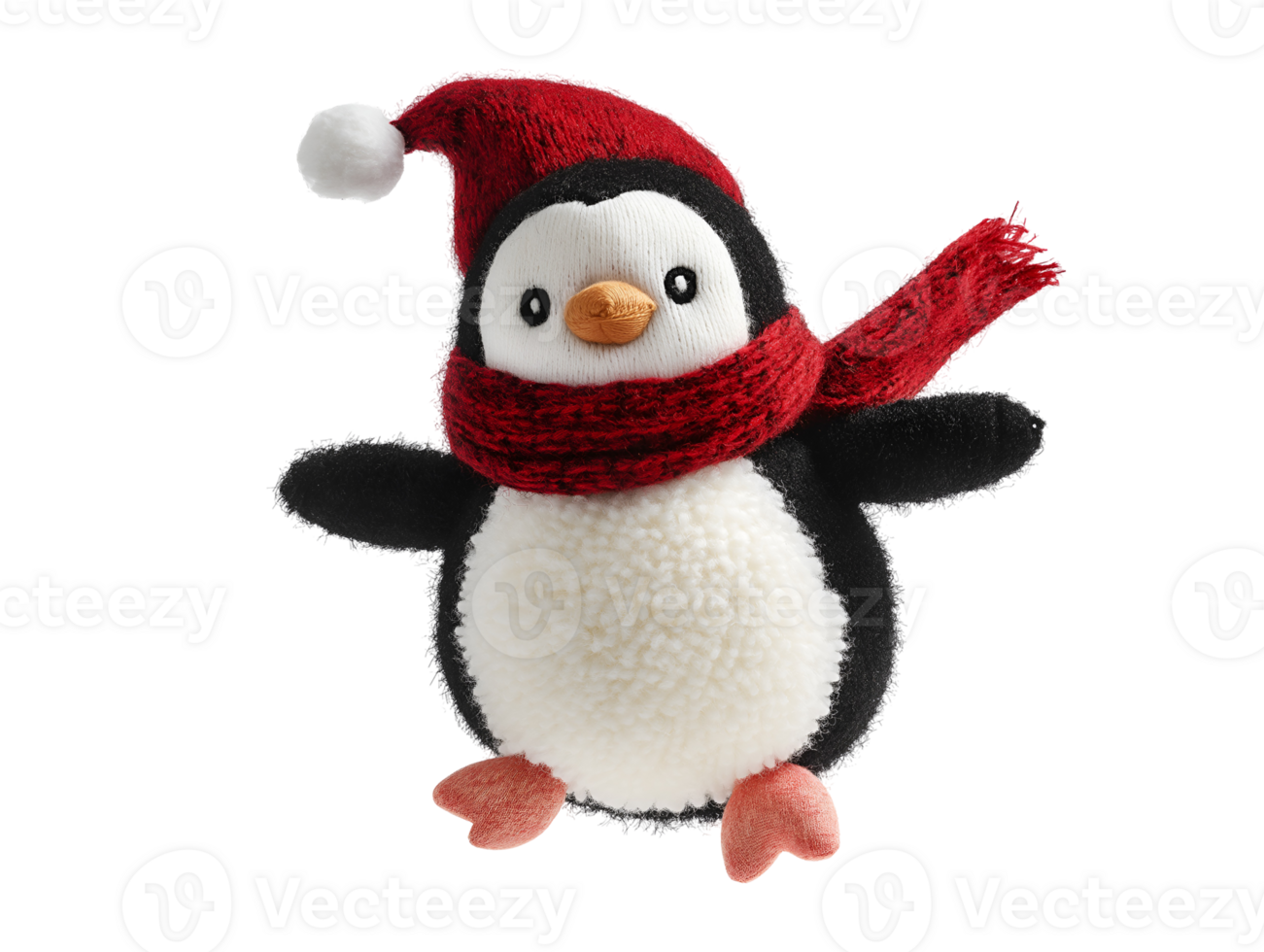 photo of a soft cotton Christmas penguin doll with fluffy texture floating in mid-air on isolated background png