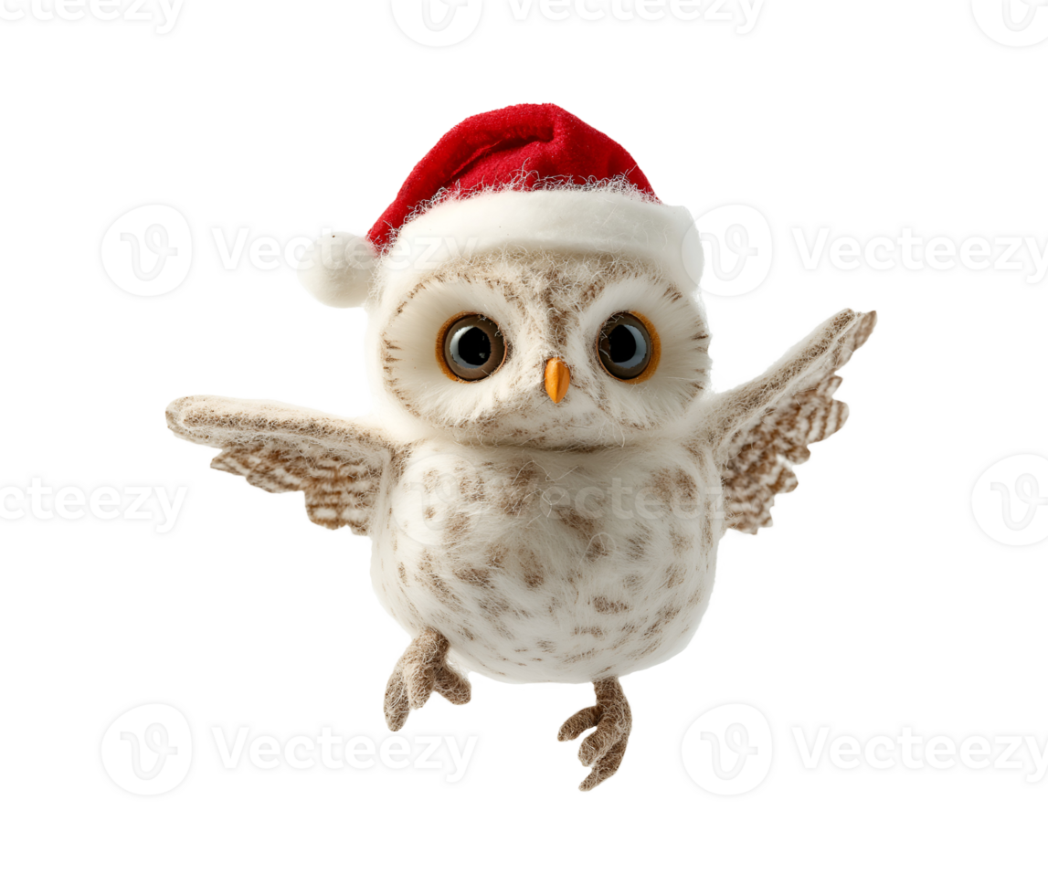 photo of a soft cotton Christmas owl doll with fluffy texture floating in mid-air on isolated background png