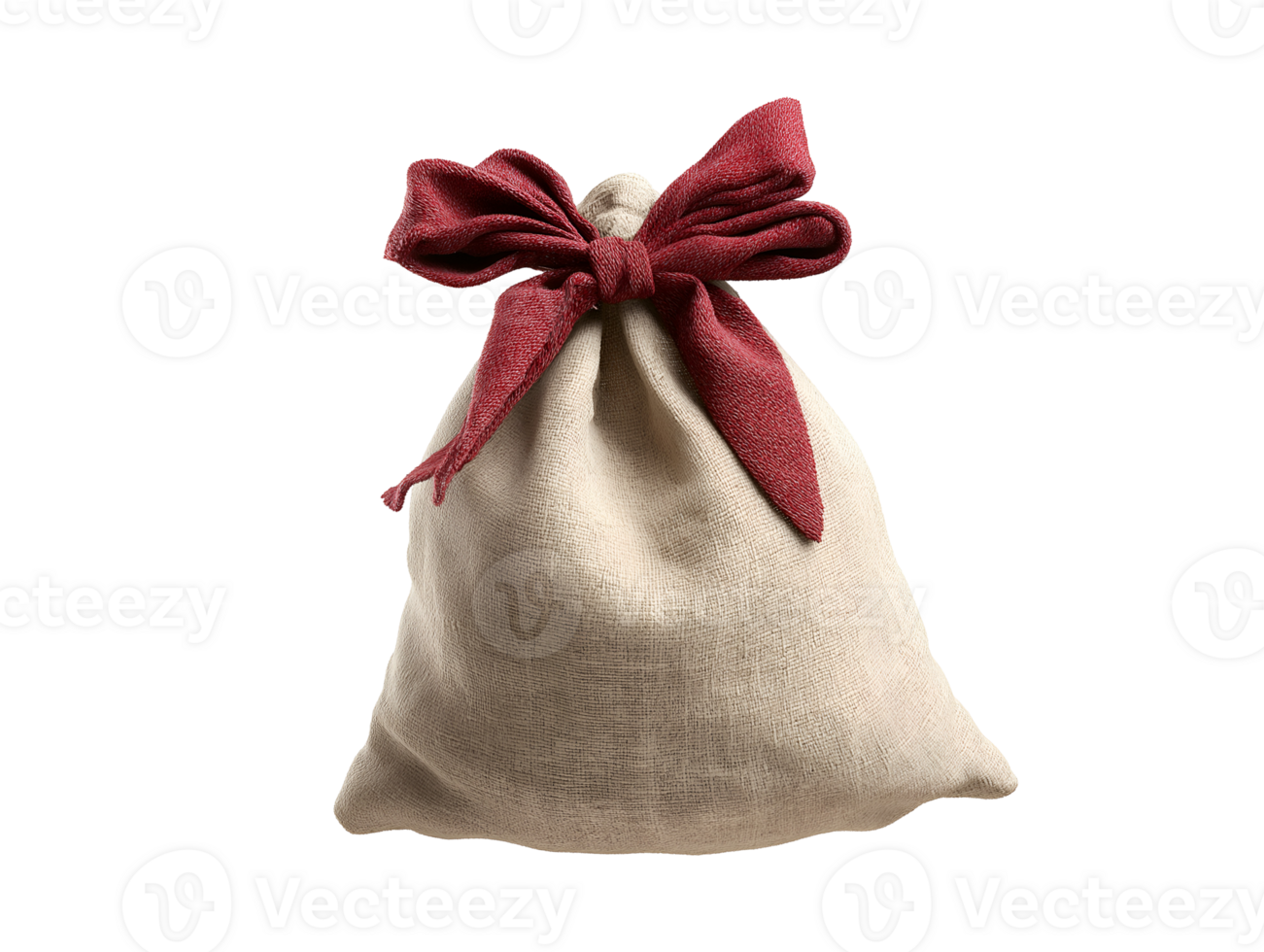 photo of a soft cotton Christmas gift sack with red ribbon bow floating in mid-air on isolated background png