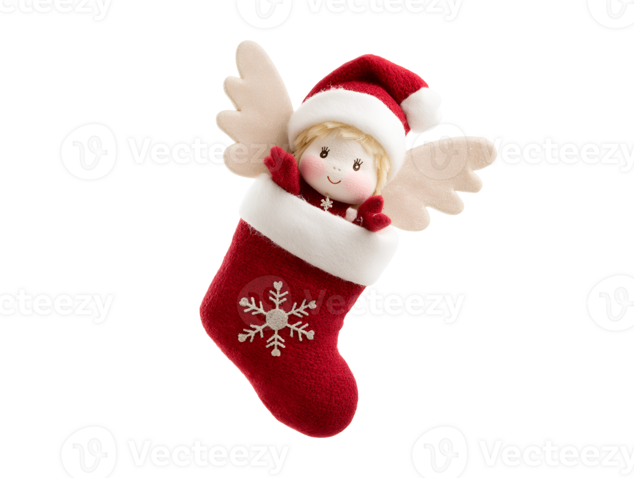 photo of a soft cotton Christmas angel doll inside a Santa stocking with fluffy texture on isolated background png