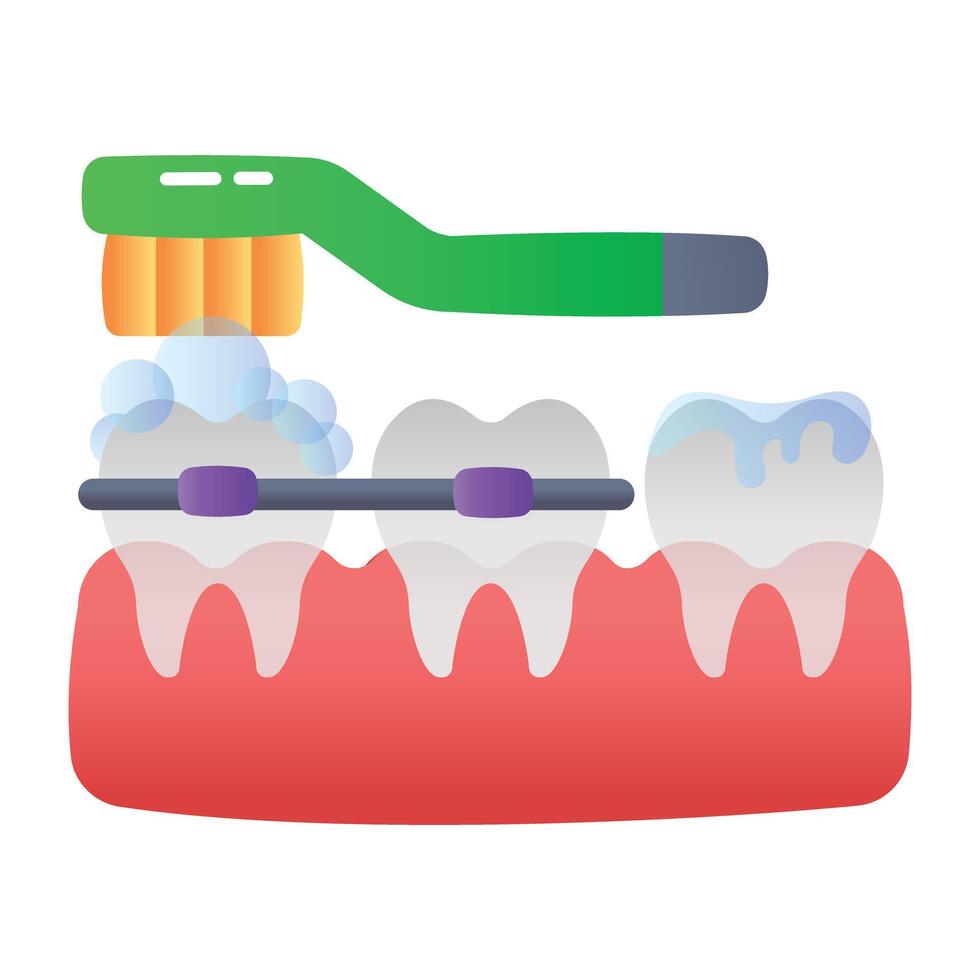 Teeth cleaning with brush, flat icon vector