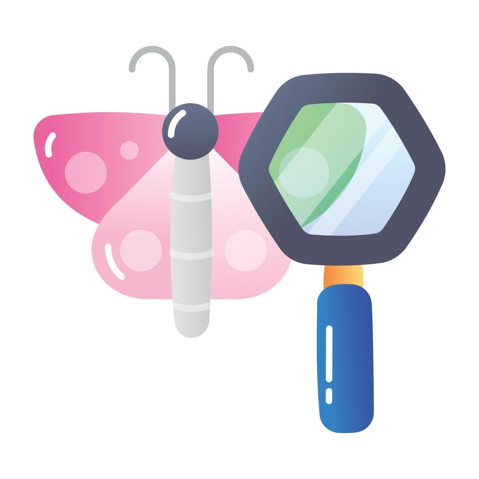 Moth with magnifier denoting lepidopterology, flat icon vector