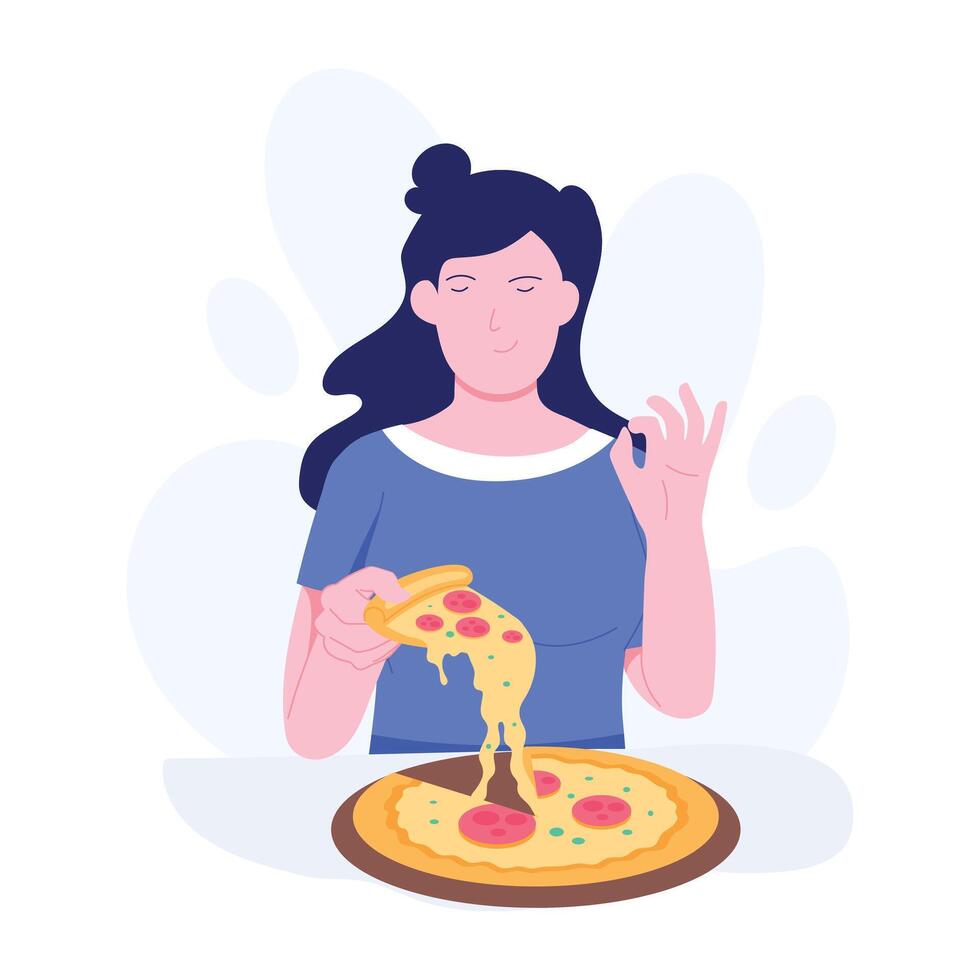 Girl eating cheesy pizza slice, flat illustration vector