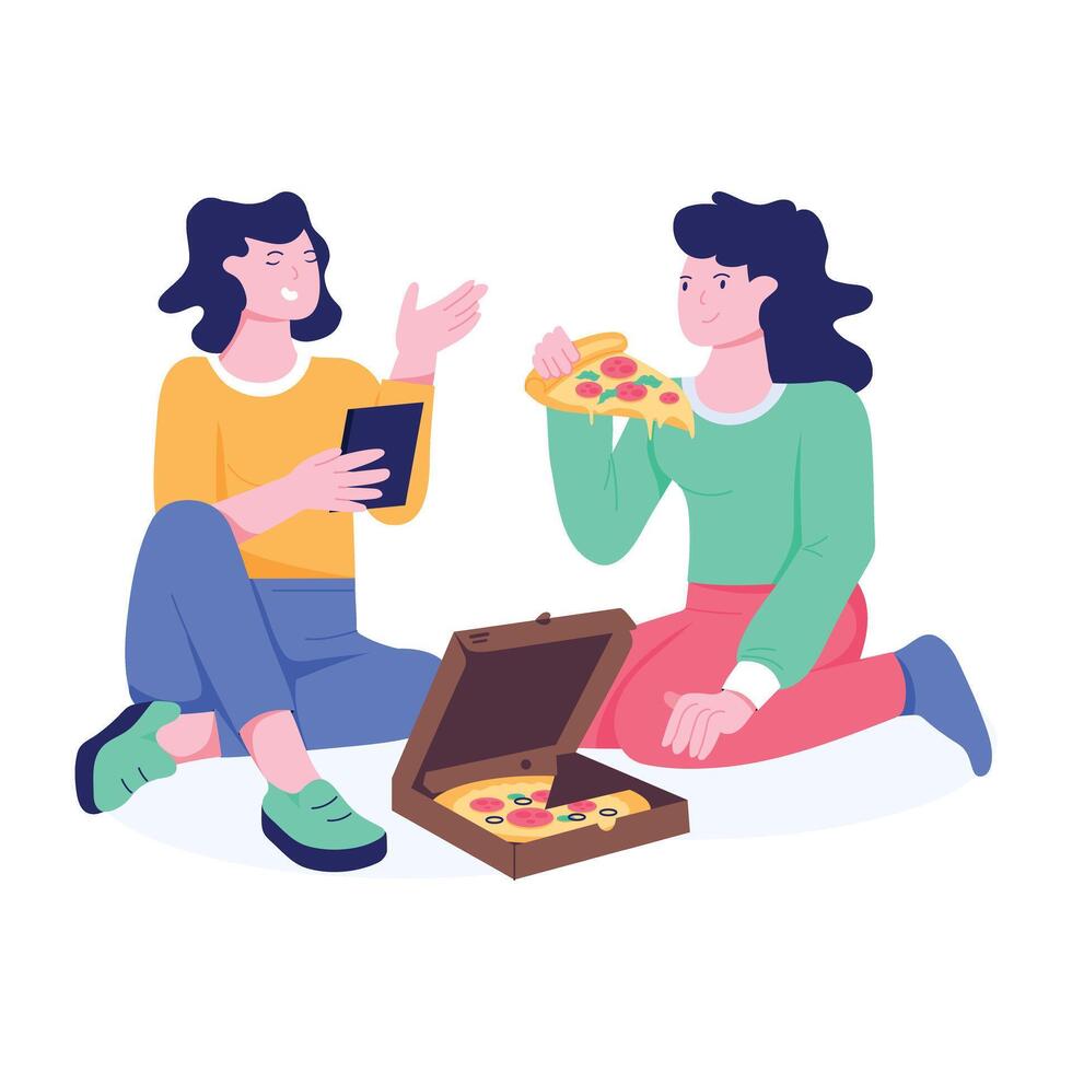 Friends eating and enjoying pizza party, flat illustration vector