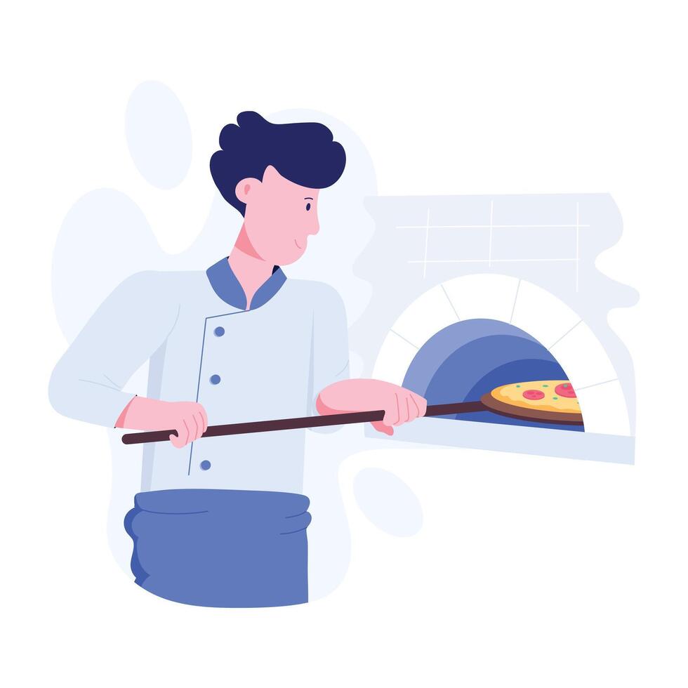 Chef putting pizza inside pizza oven, flat illustration vector