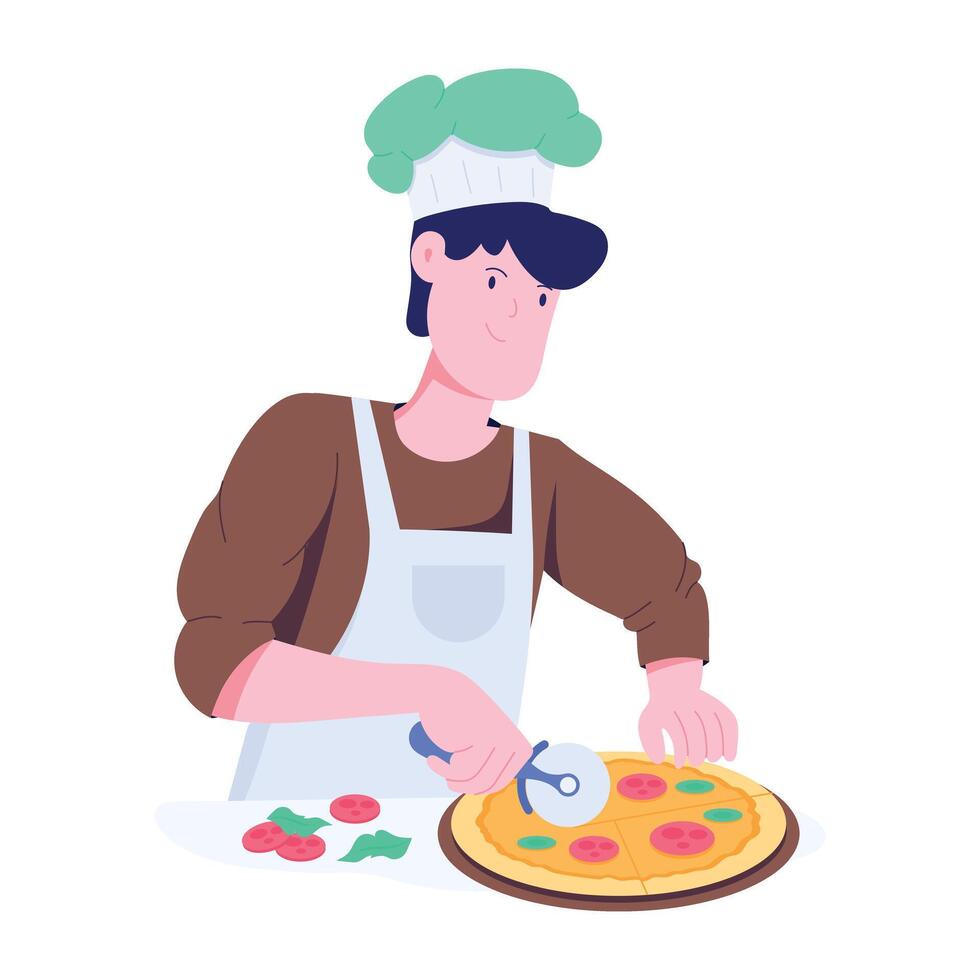 A flat character illustration of pizza cutting vector