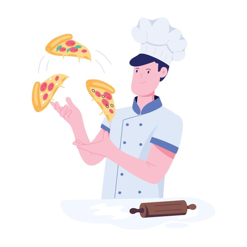 Character based flat illustration of pizza master juggling vector