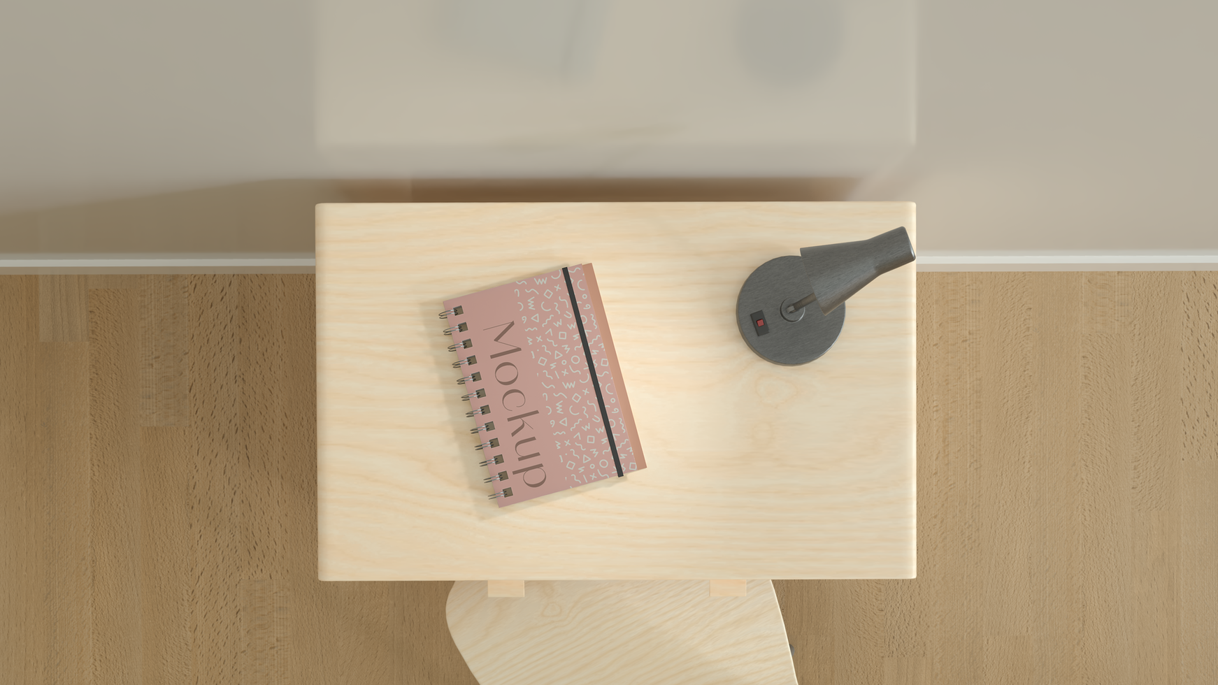 top view Mockup of wall and notebooks, bedroom with pure wood desk with black lamp psd