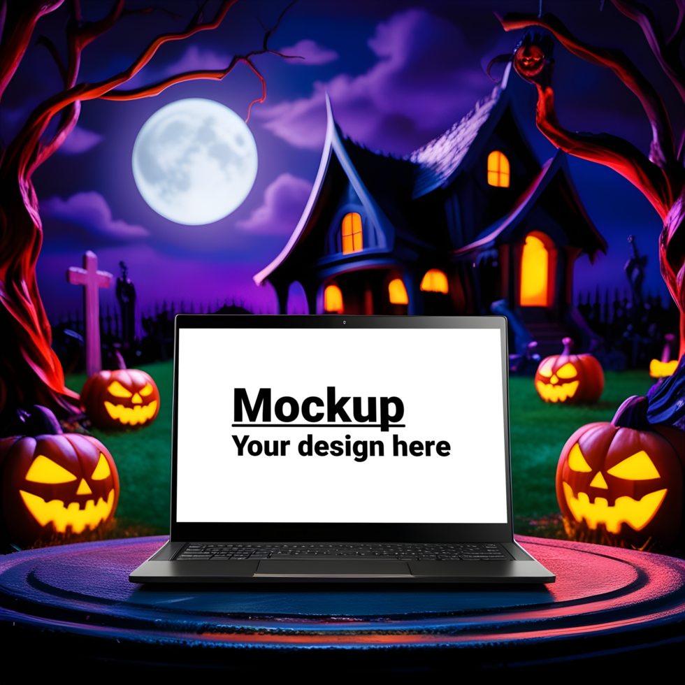 Halloween laptop mockup with pumpkins and halloween house psd