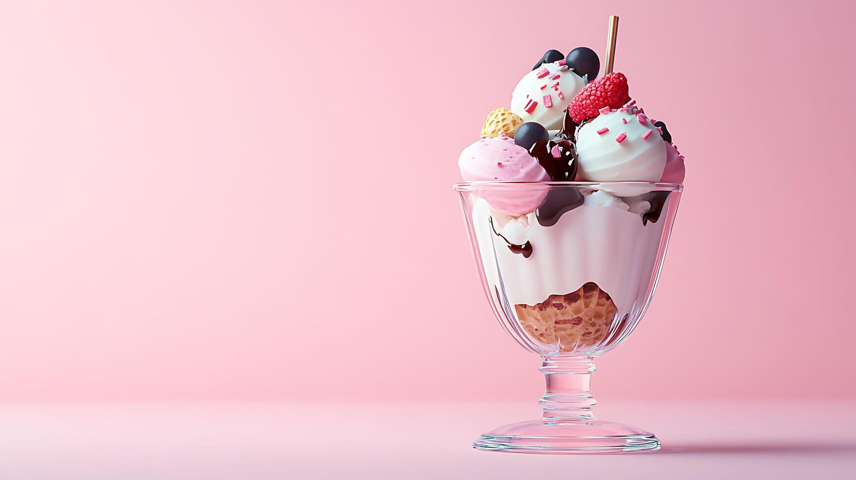 Delicious 3D Ice Cream Sundae with Colorful Toppings on Pastel Background with Copy Space photo
