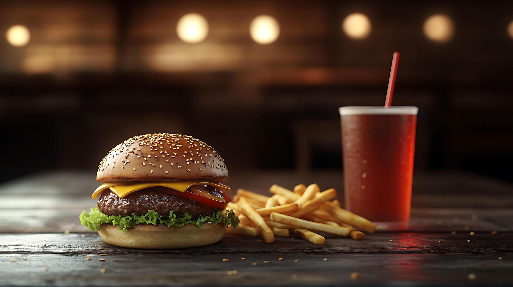 Delicious 3D Burger, Fries, and Drink on Dark Wooden Table with Copy Space for Ads or Menus photo