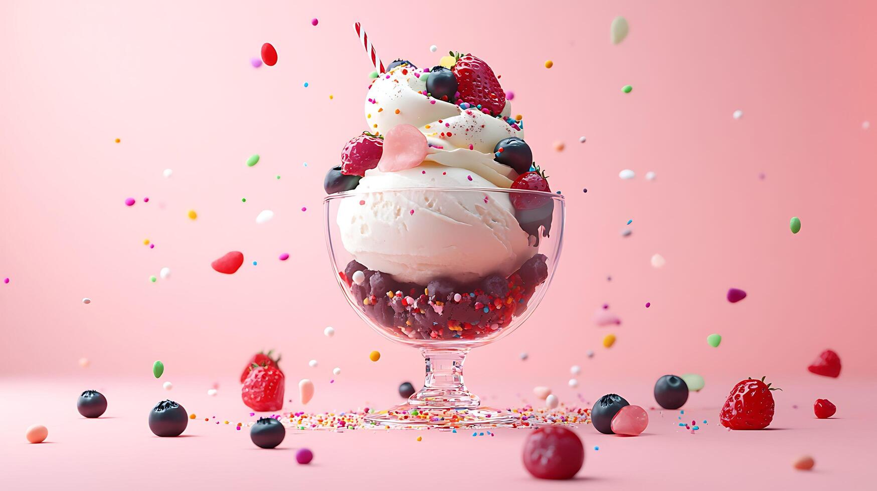 Scrumptious 3D Ice Cream Sundae with Colorful Toppings on Pastel Background for Copy Space. photo