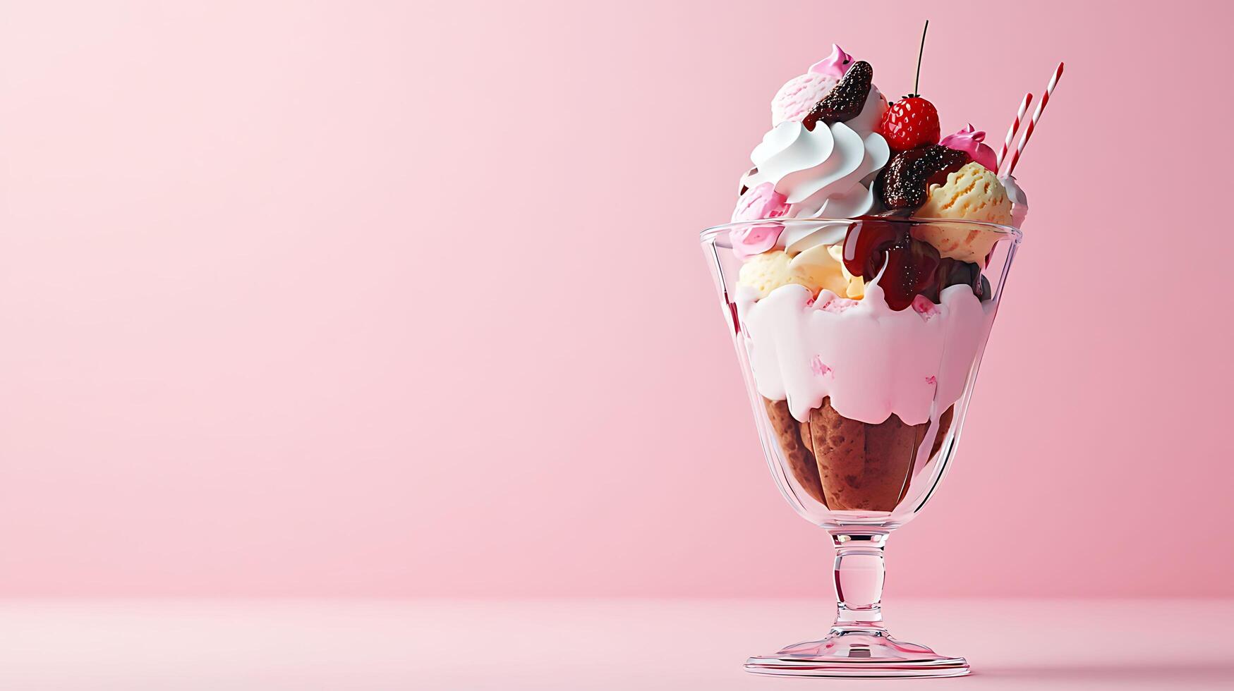 Sweet Delight - Colorful 3D Ice Cream Sundae with Toppings on Pastel Background with Copy Space photo