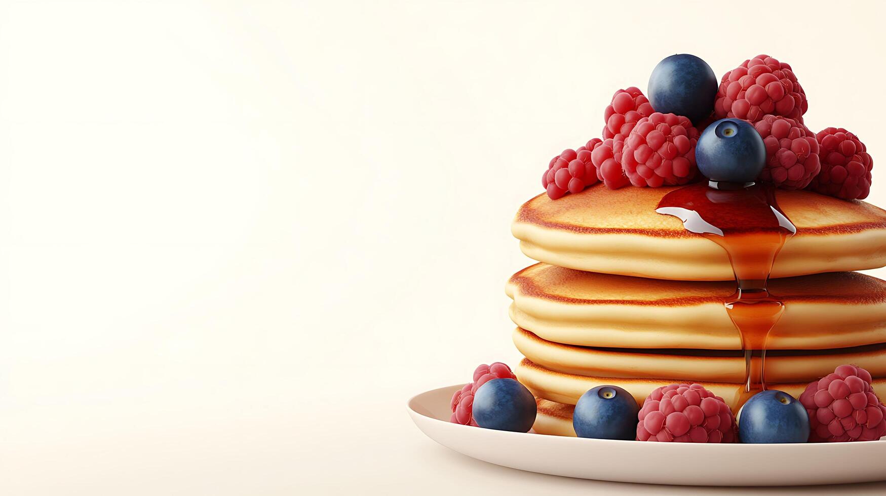 Delicious Stack of Pancakes with Syrup and Berries on Light Background for Text Space - 3D Illustration photo