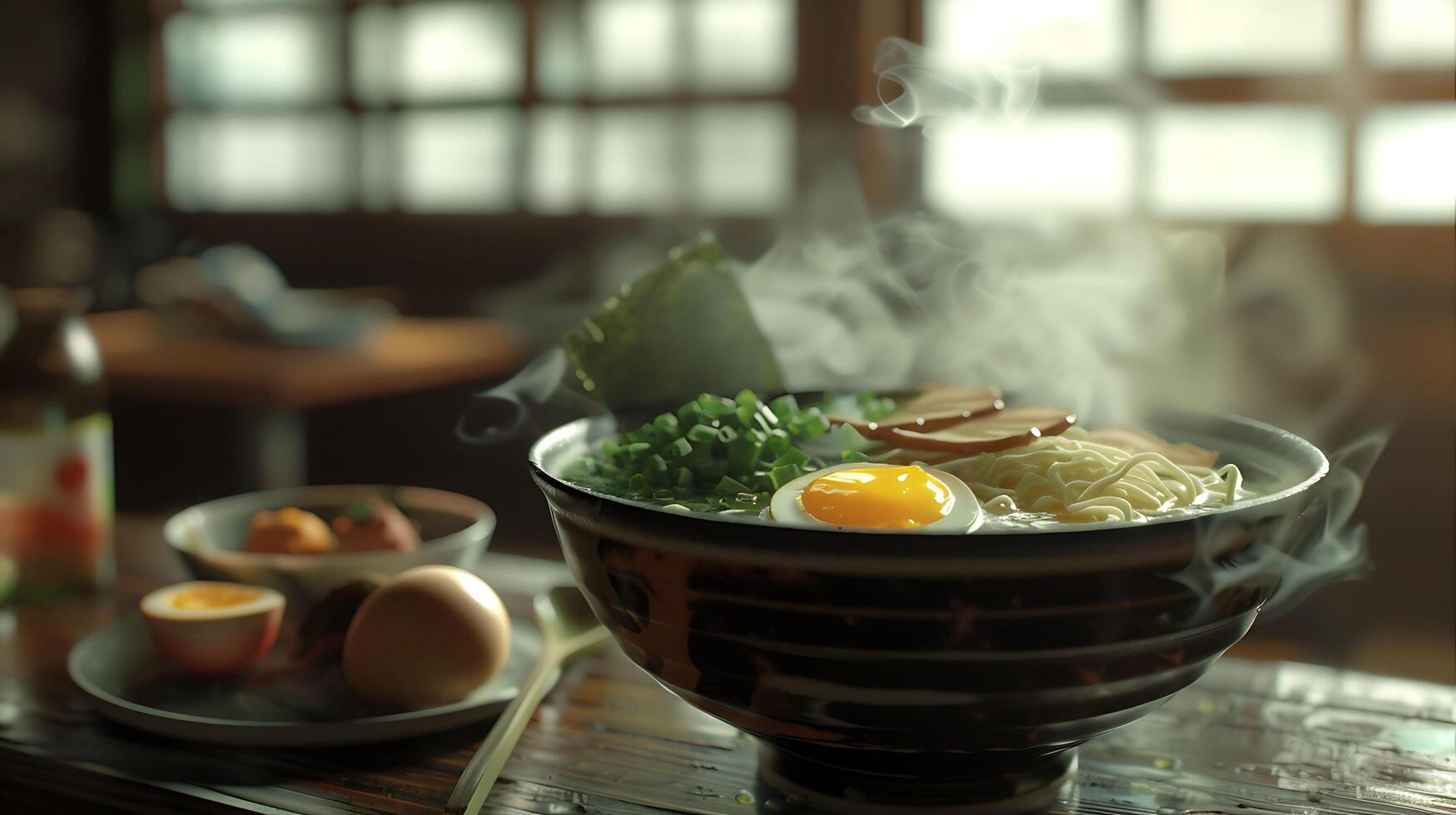 Delicious and Steamy Ramen Bowl with Perfectly Arranged Toppings photo