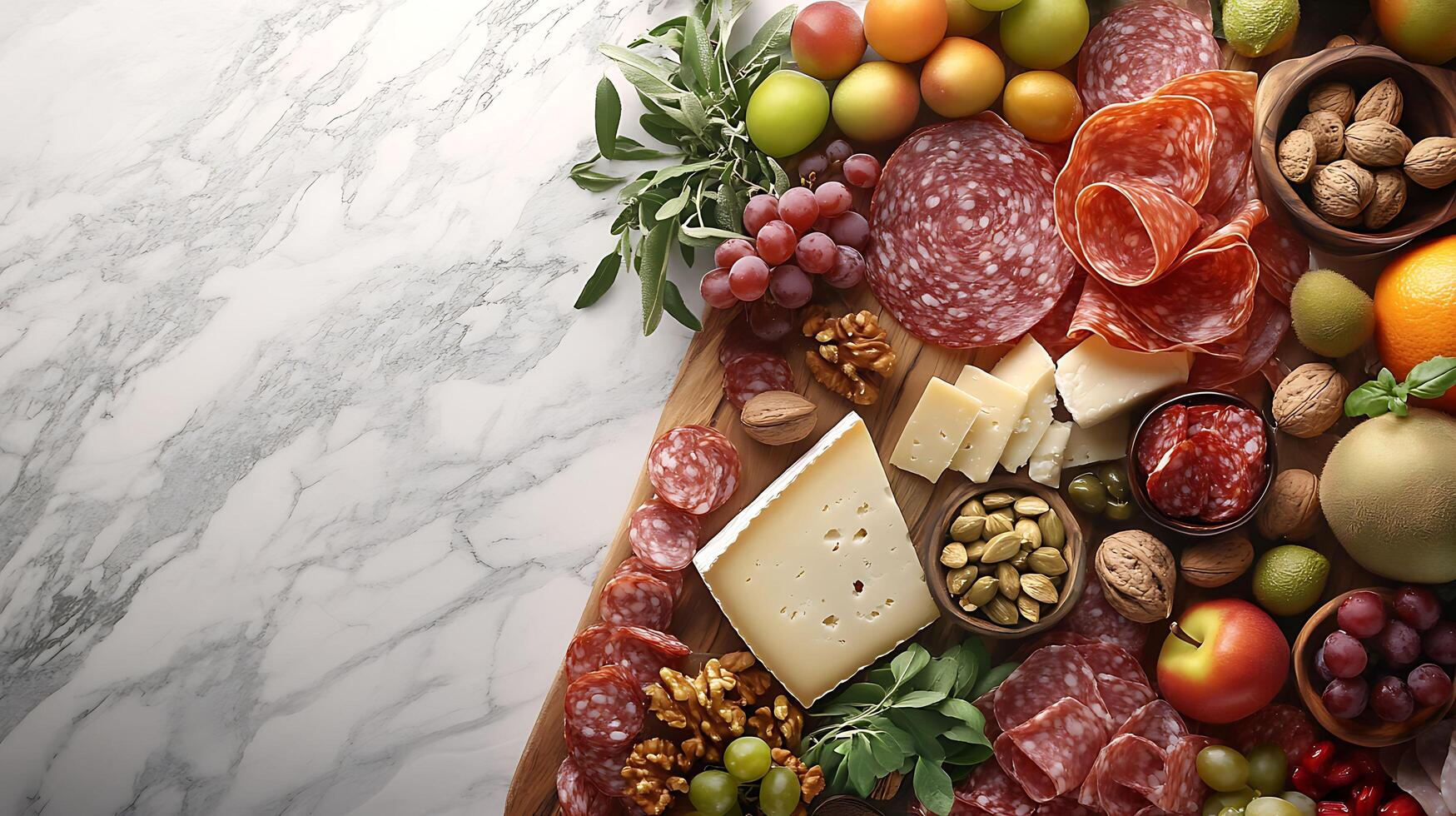 Gourmet Charcuterie Board with Assorted Cheeses, Meats, Fruits, and Nuts on Display with Copy Space for Text in 3D Render photo