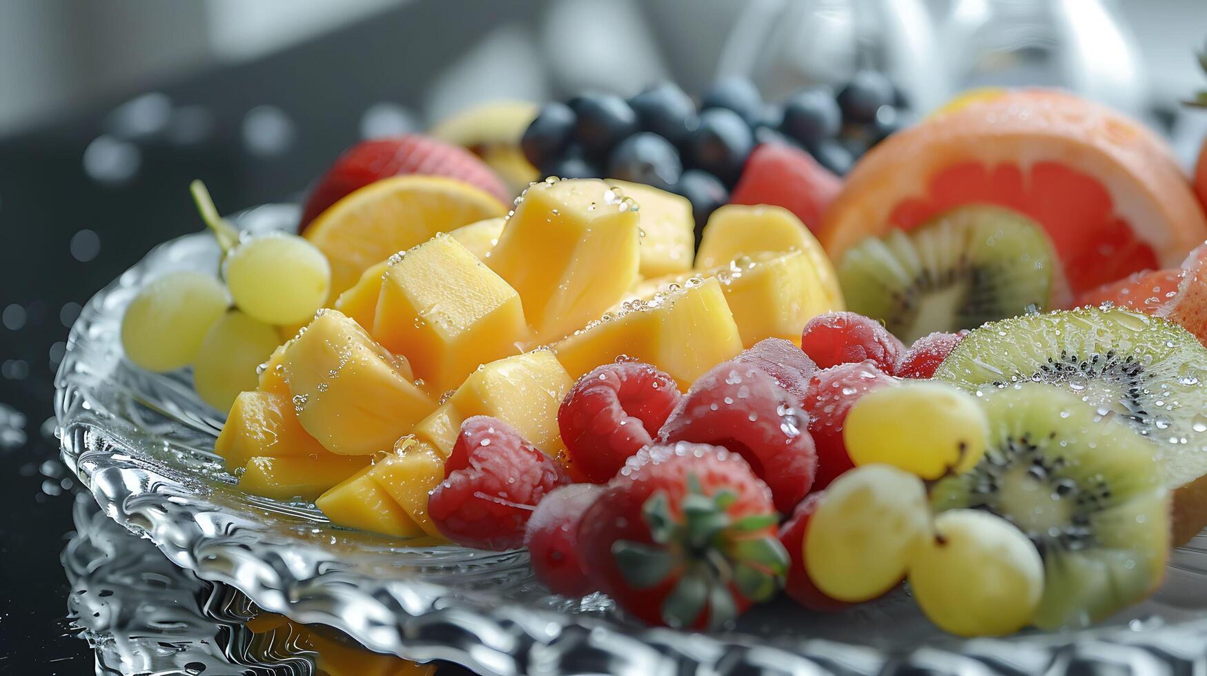 Vibrant Tropical Fruit Platter with Dewdrops - Stylish Presentation photo