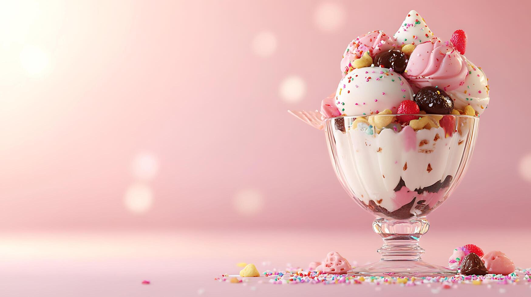 Delicious 3D Ice Cream Sundae with Colorful Toppings on Pastel Background - Copy Space for Text or Graphics photo