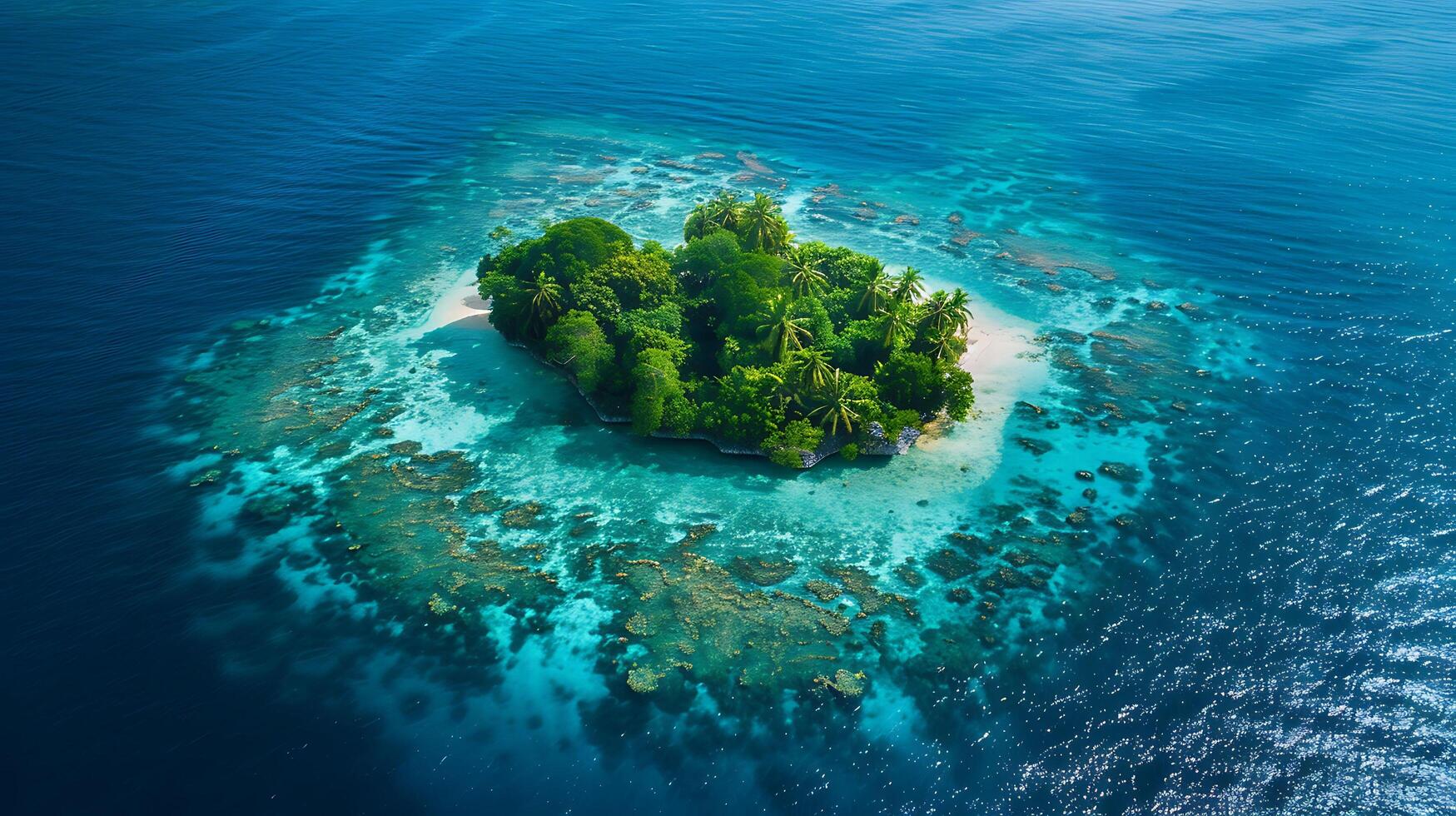 Aerial View of a Pristine Small Island with Crystal Clear Coral Reef, Tropical Paradise Drone Shot photo