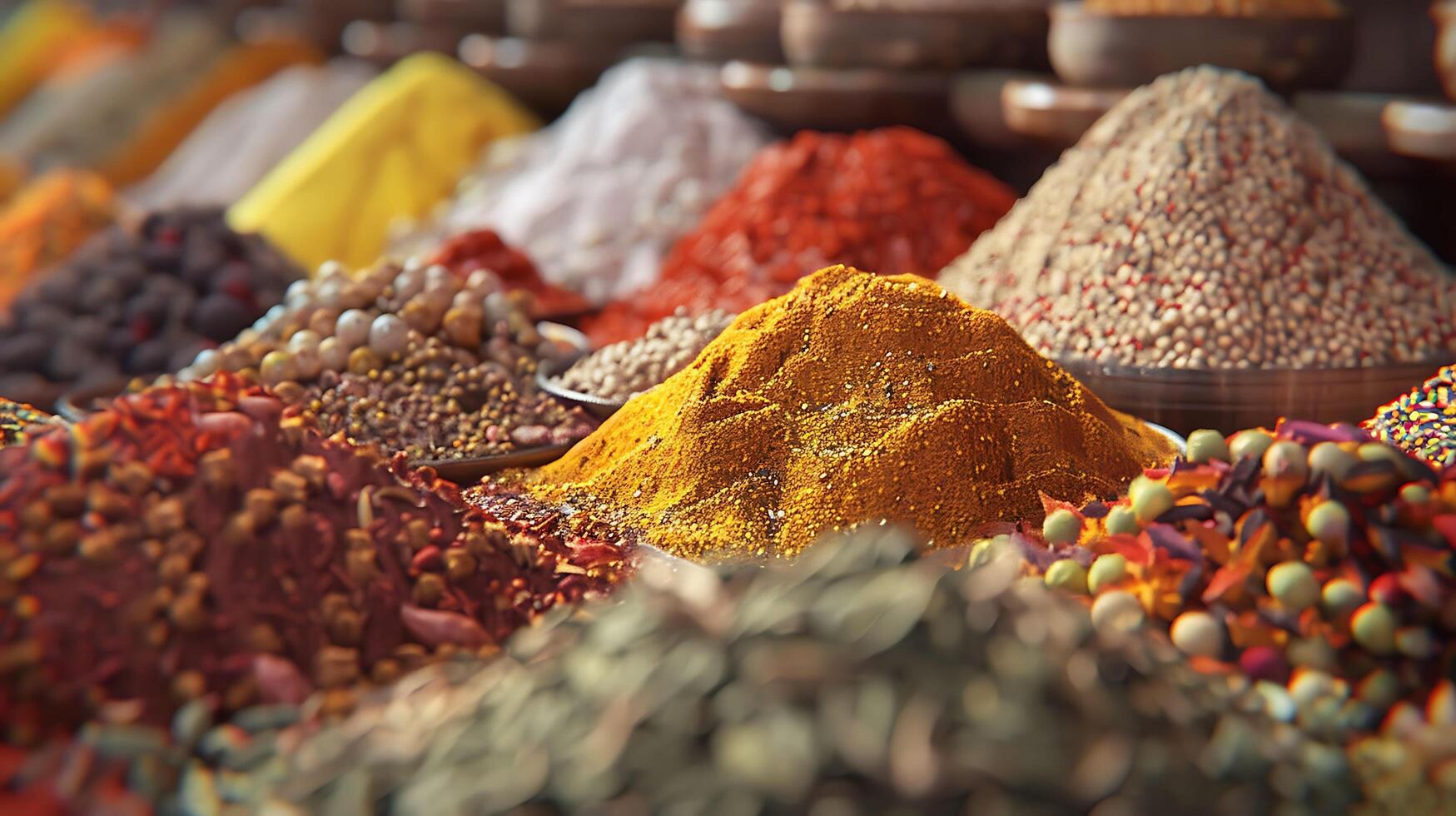 Exquisite Spice Market Extravaganza - Hyper-Detailed Display of Vibrant Powders with Rich Textures photo