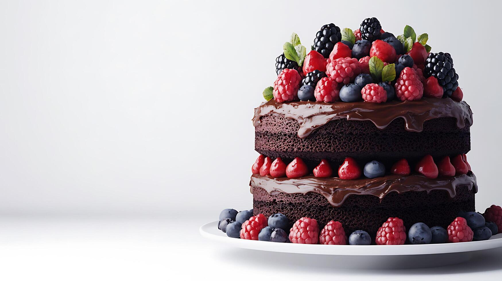 Indulgent Chocolate Cake with Berries on White Background for Text Space - 3D Render Dessert photo