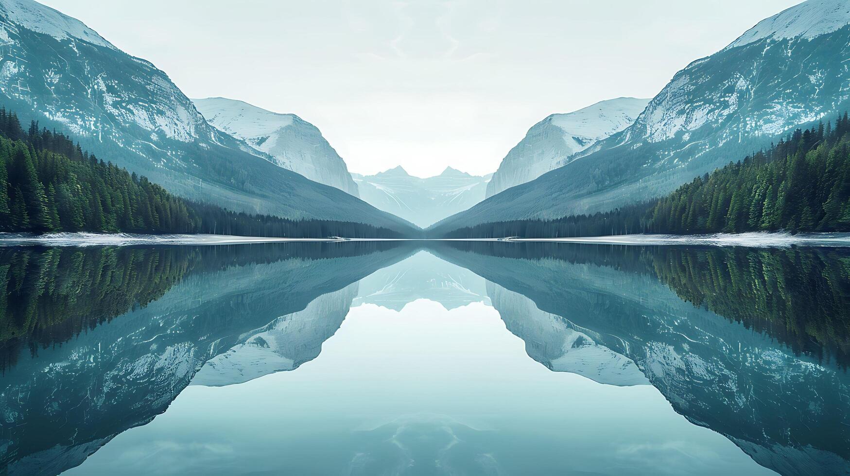 Tranquil Lake Reflection with Perfect Symmetry and Majestic Mountain Background photo