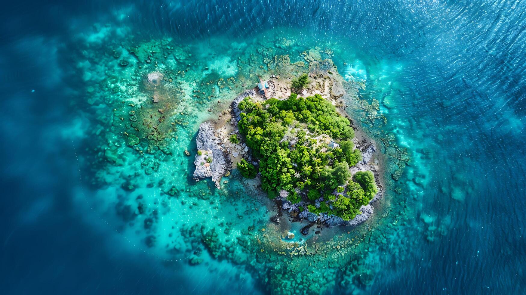 Aerial View of Pristine Tropical Island with Coral Reef, Idyllic Paradise Shot from Drone photo