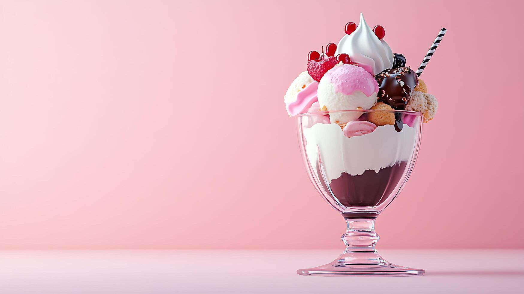 Delightful 3D Ice Cream Sundae with Toppings on Pastel Background Perfect for Copy Space photo