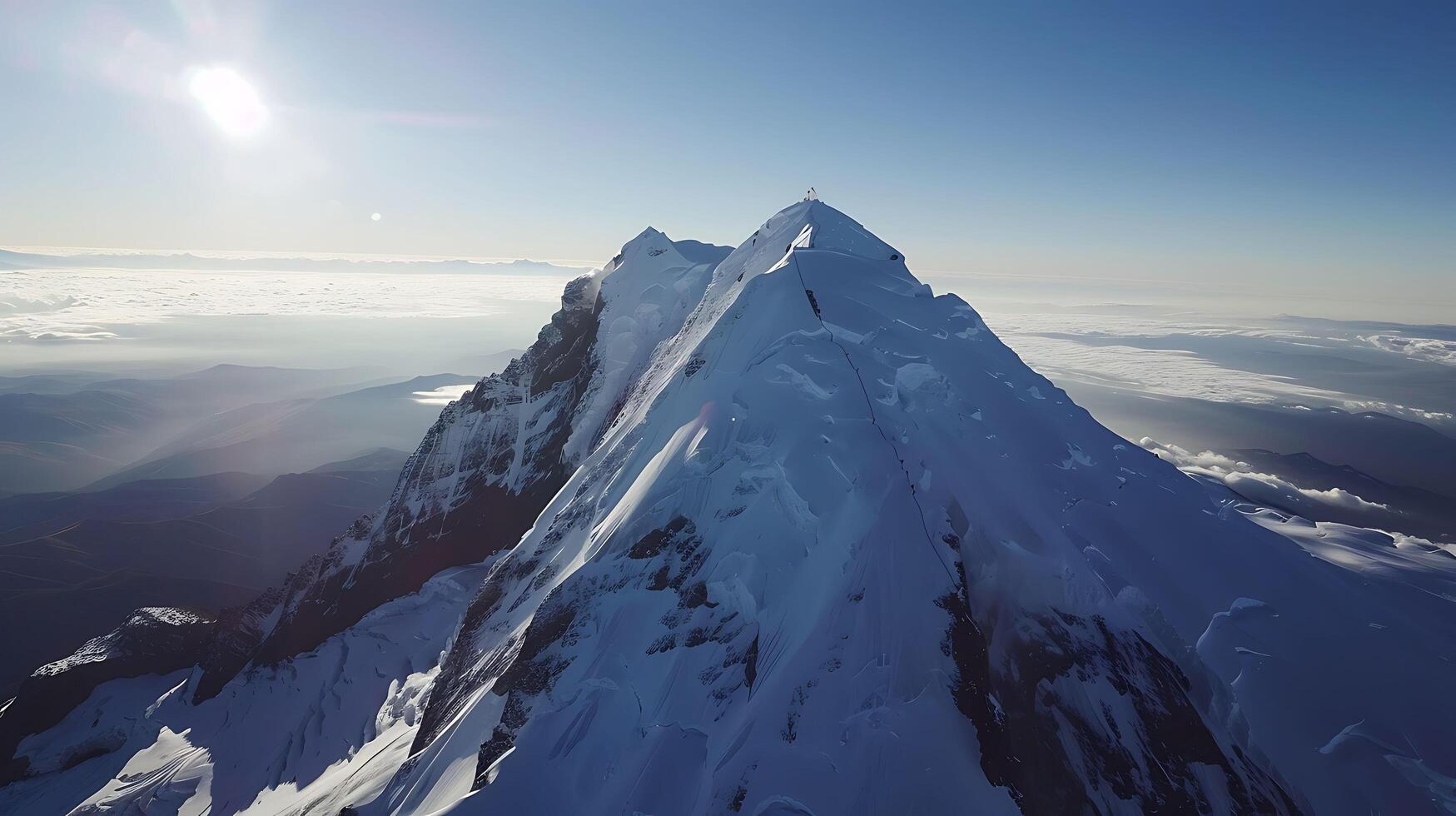 Majestic Aerial View of Snow-Capped Mountain Peak with Climbers and Dramatic Shadows photo