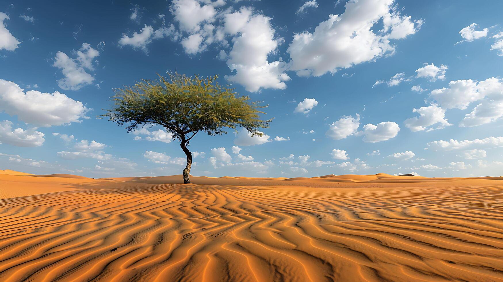 Tranquility in the Desert - Scenic Landscape with Rippling Sand Dunes and Solitary Tree photo