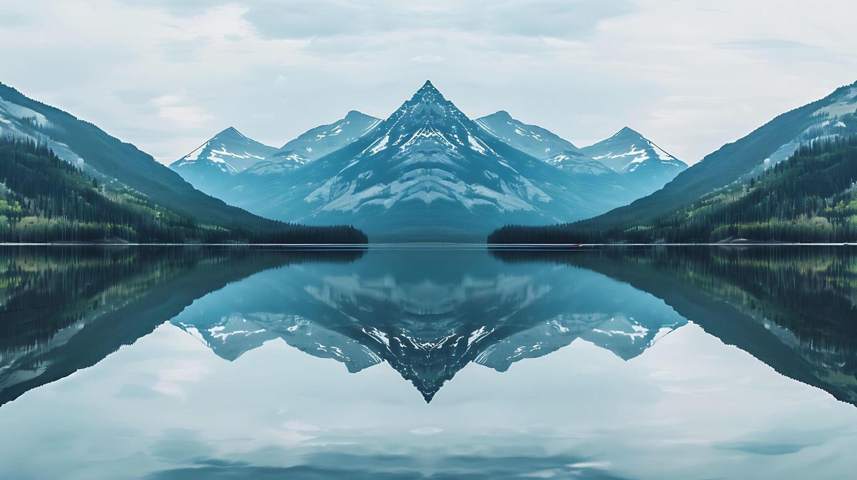 Tranquil Lake Reflection with Perfect Symmetry and Mountain Backdrop photo