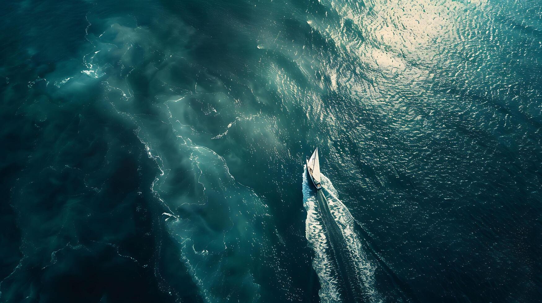 Aerial View of Isolated Sailboat in Endless Ocean with Intricate Wake Patterns, Captured in Hyper-detailed photo