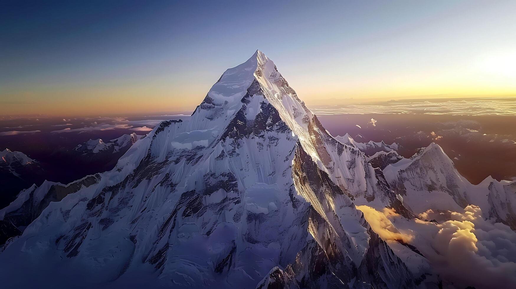 Majestic Snow-Capped Mountain Peak Aerial View with Climbers and Dramatic Shadows photo