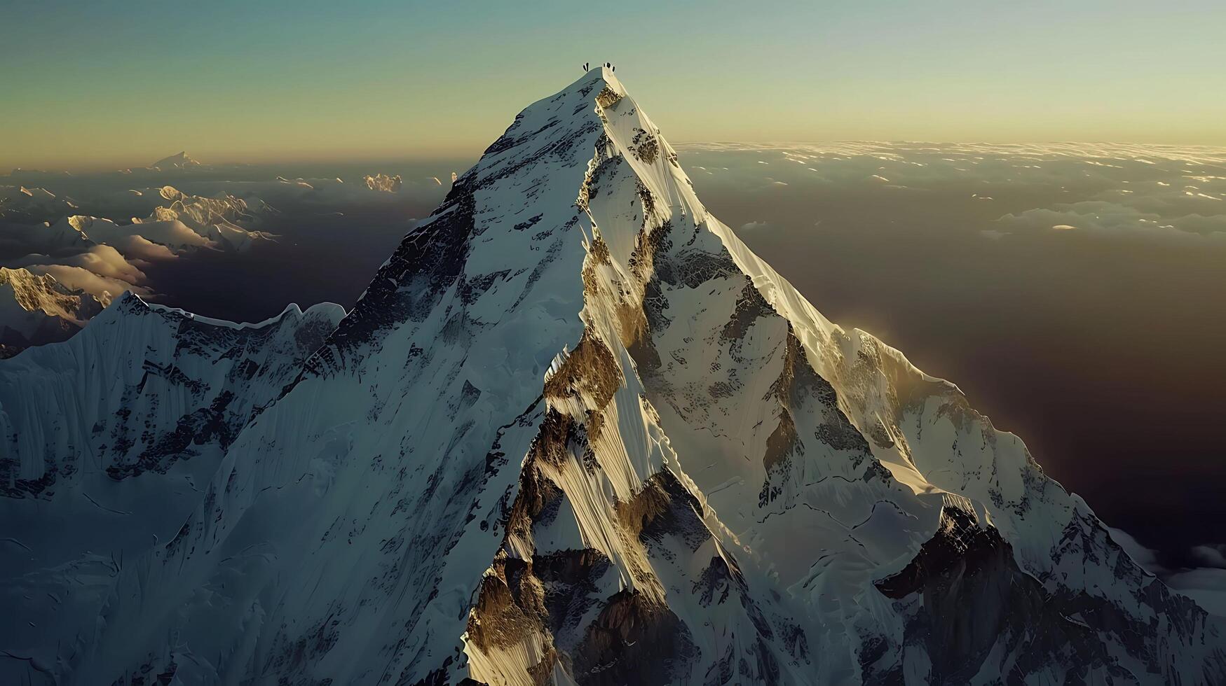 Majestic Snow-Capped Mountain Peak Aerial View with Climbers in Dramatic Shadows photo