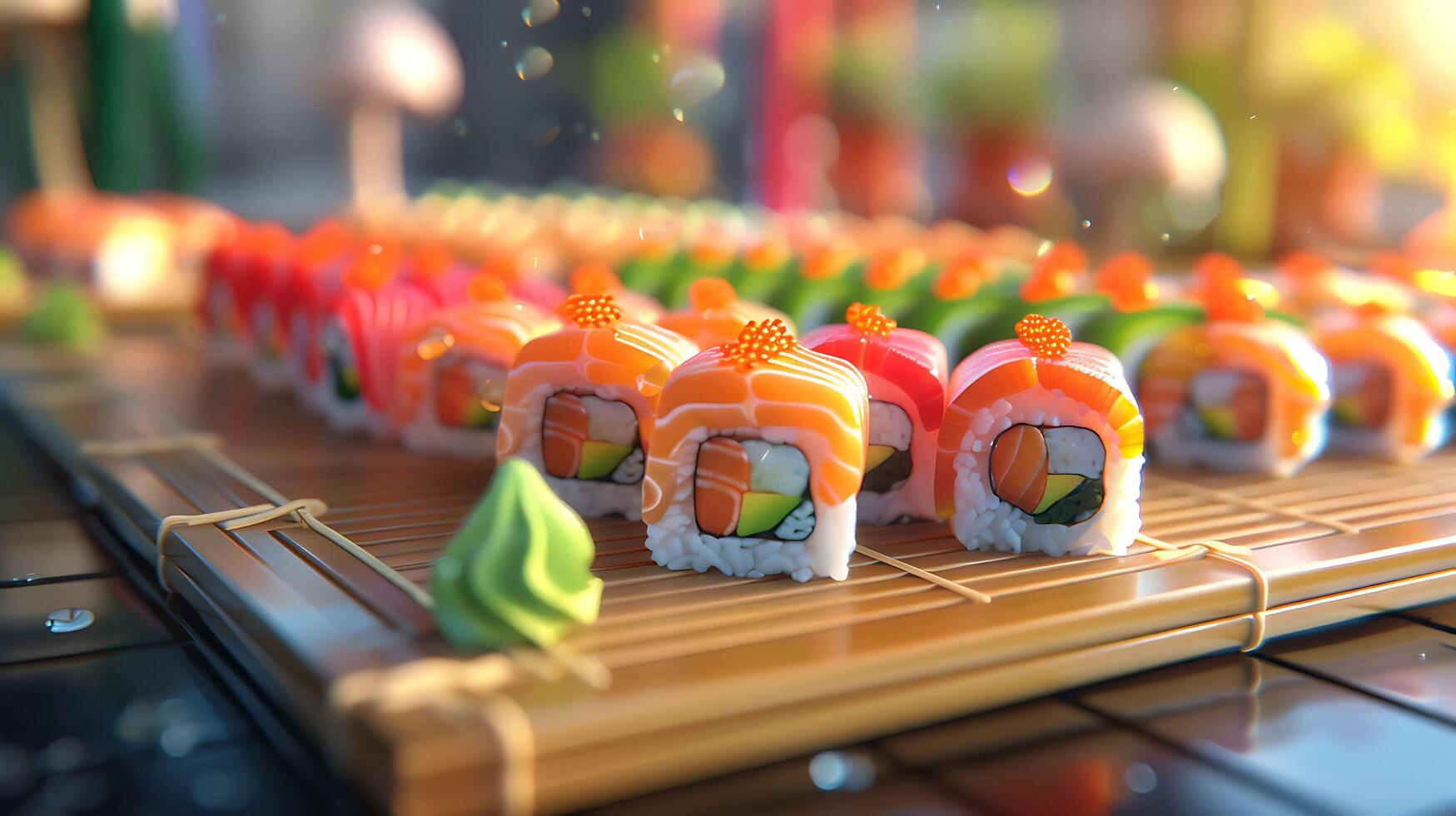 Vibrant Hyper-Realistic Sushi Platter Close-Up with Distinct Pieces and Bamboo Mat photo