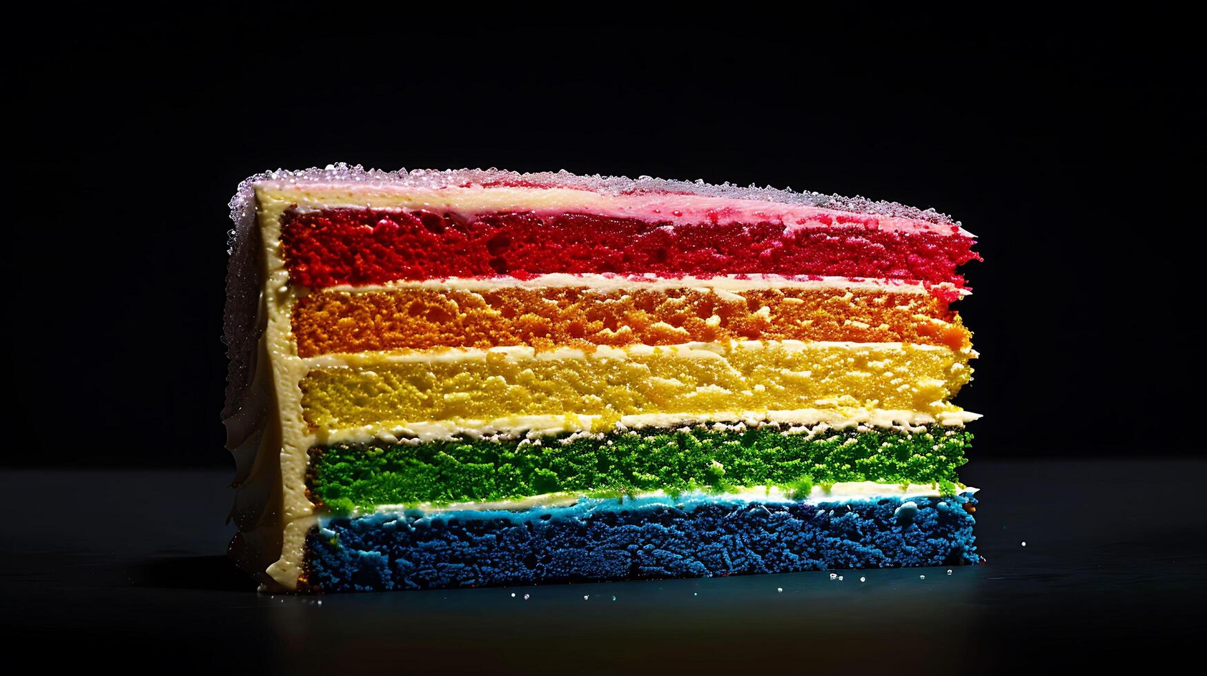 Vibrant Rainbow Cake Slice with Visible Texture, Close-up Shot of Perfect Layers for Baking Enthusiasts photo