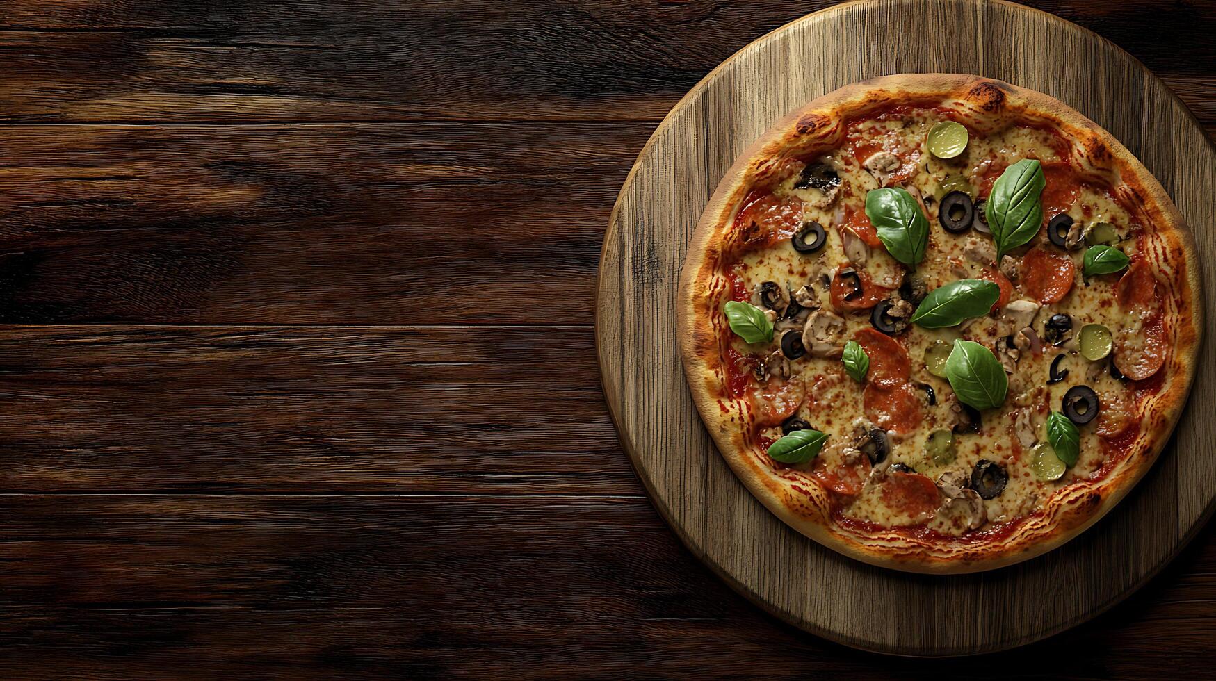 Gourmet Pizza with Assorted Toppings on Wooden Board for Branding Mockup and Copy Space photo