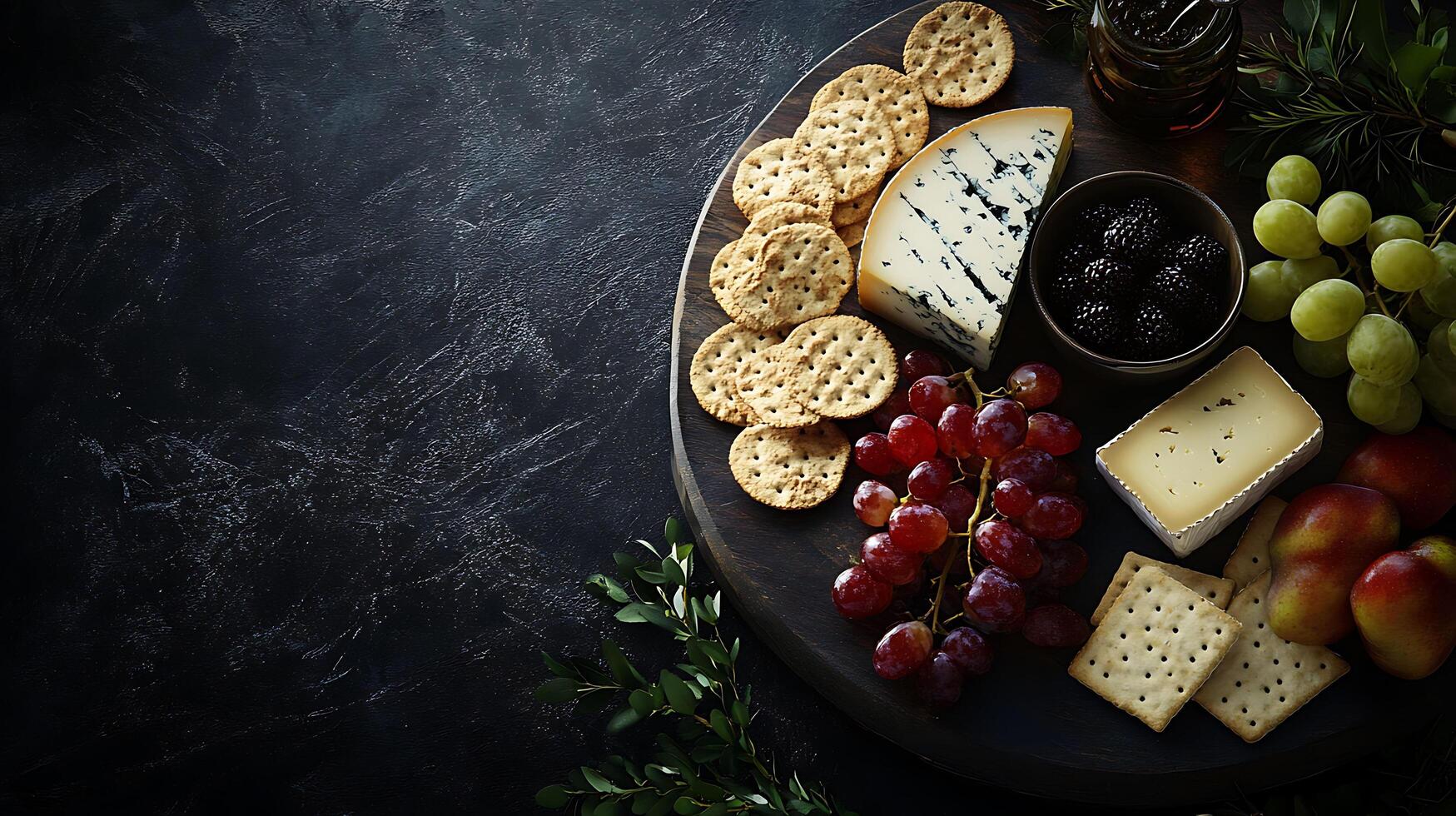 Exquisite Gourmet Cheese Plate with Assorted Fruits and Crackers on Dark Wooden Board with Copy Space for Text. photo
