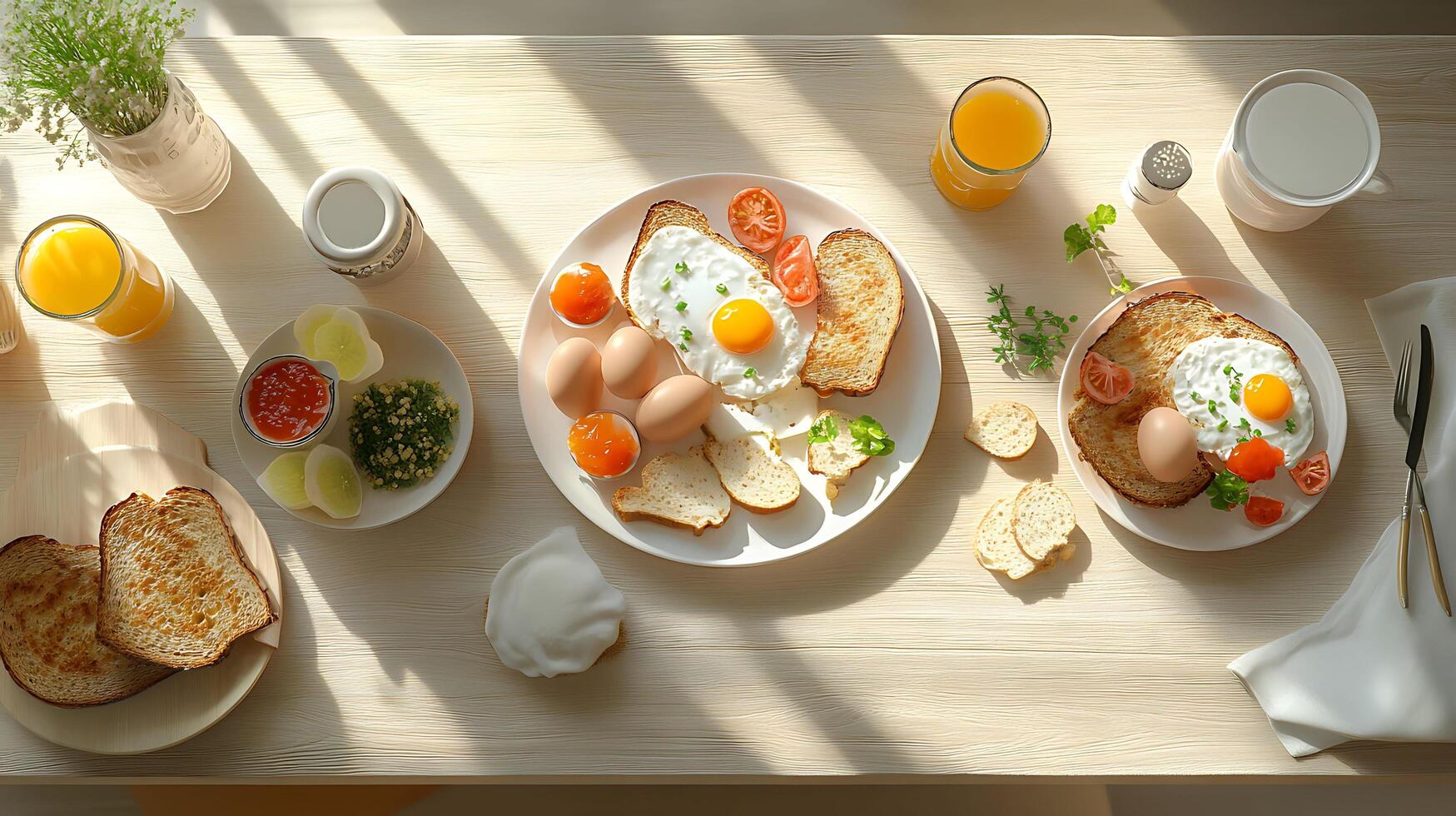 Delicious Breakfast Spread in 3D on Light Wooden Table with Copy Space photo
