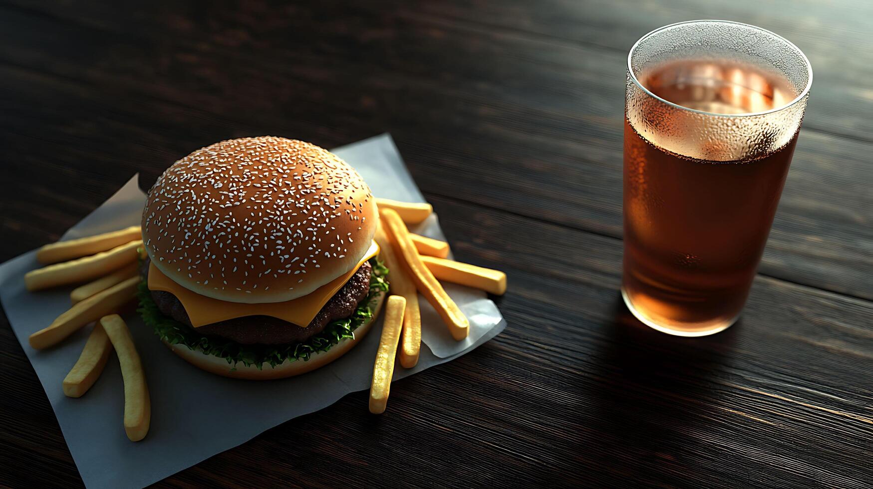 delicioso 3d hamburguesa, papas fritas, y bebida en oscuro de madera mesa con Copiar espacio para menú diseño. foto