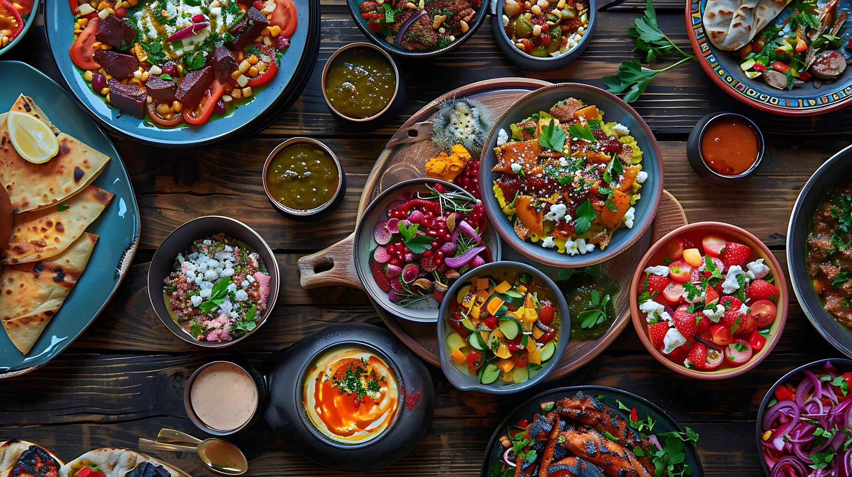 Mediterranean Mezze Delight Colorful Spread on Rustic Table photo