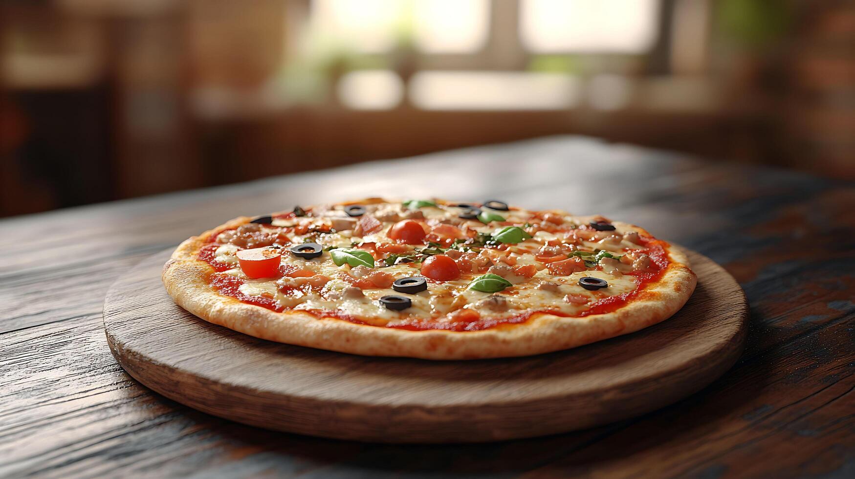 Savory Pizza Delight on Rustic Wooden Board with Copy Space for Branding - 3D Visualization photo