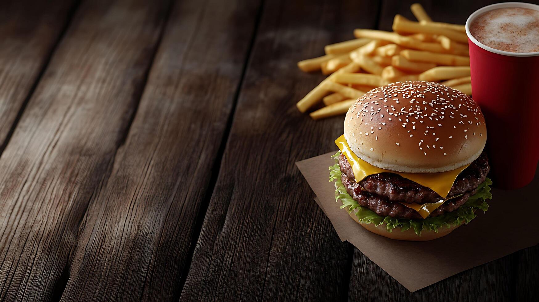 Delicious 3D Burger with Fries and Drink on Dark Wooden Table, Copy Space for Menu or Text - Food and Beverage Background Concept photo
