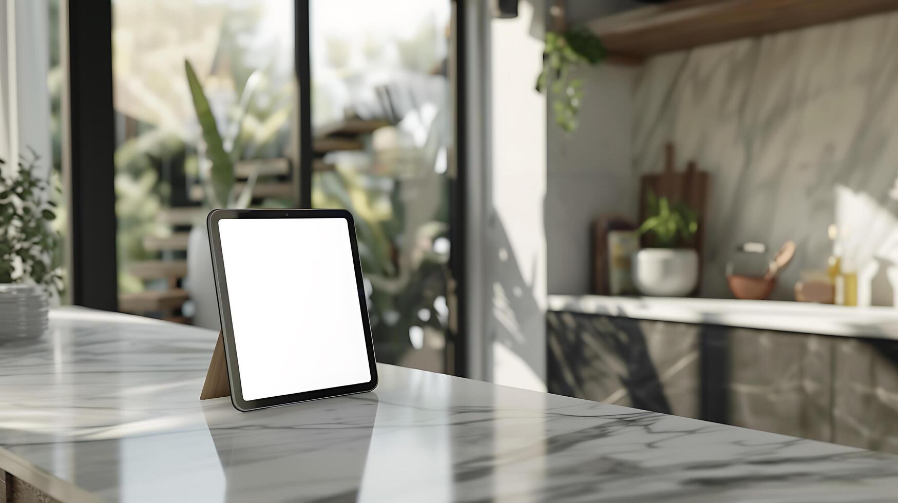 Modern Tablet Mockup on Marble Countertop in Stylish Kitchen Interior photo