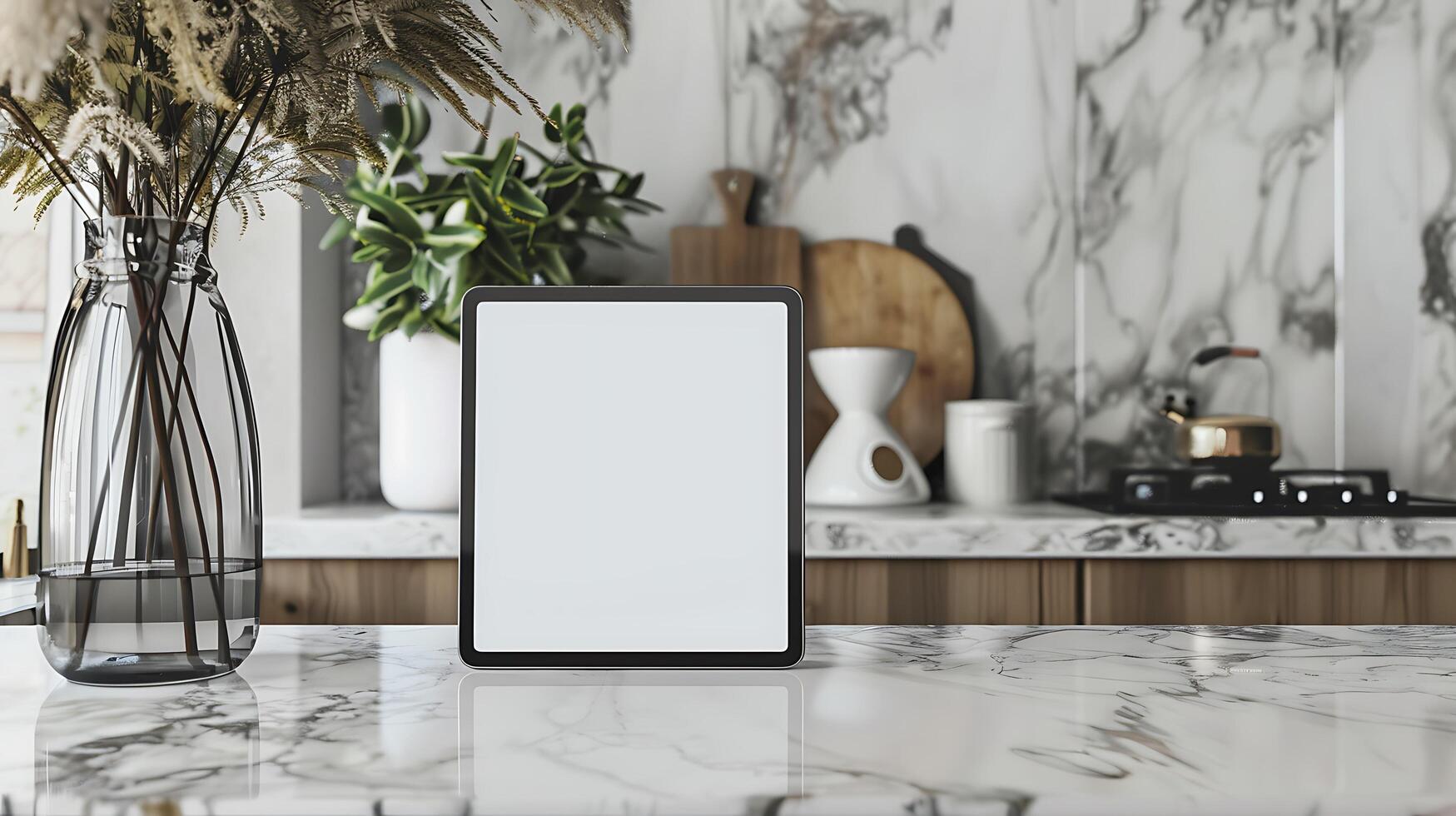 Modern Professional Tablet Mockup on Marble Countertop in Stylish Kitchen Setting photo
