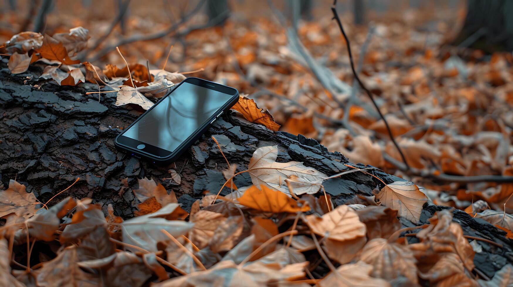 Tranquility in Nature - Mockup of Smartphone on Tree Log Surrounded by Fallen Leaves in Woodland Setting photo
