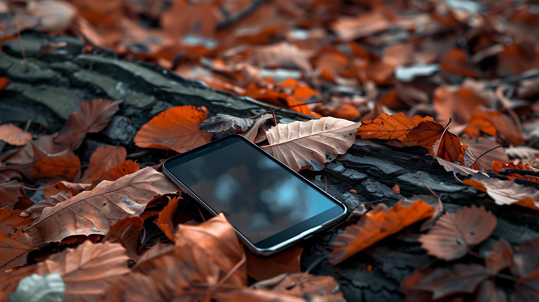 Tranquility in Nature - Blank Screen Smartphone Mockup on Tree Log in Autumn Woodland Setting photo