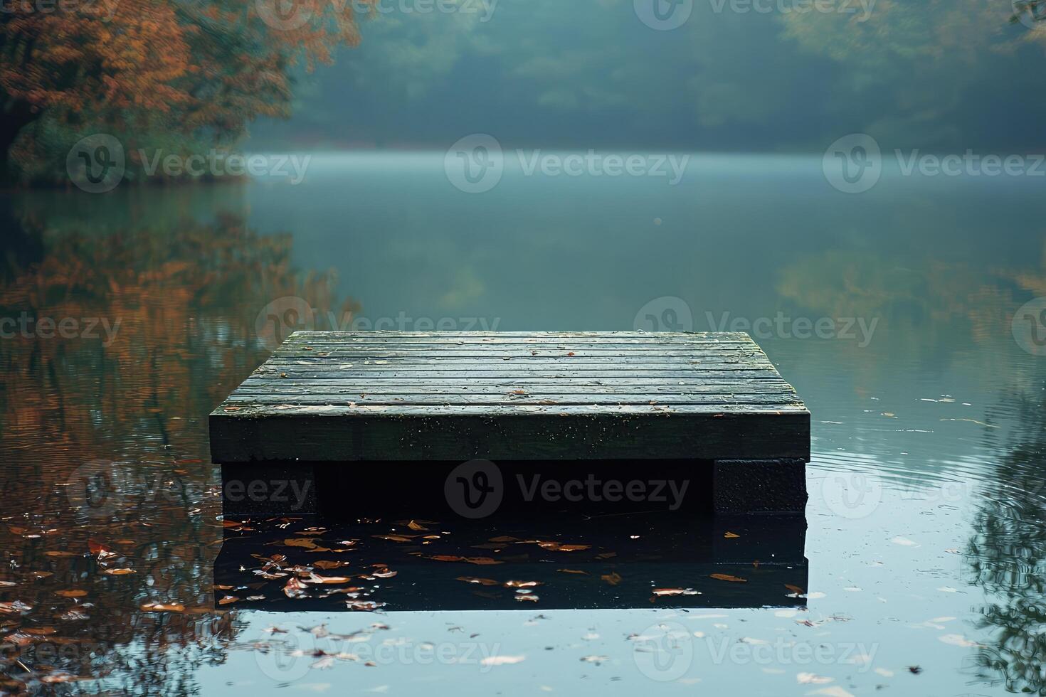 Misty lake with wooden dock on calm water at dawn photo