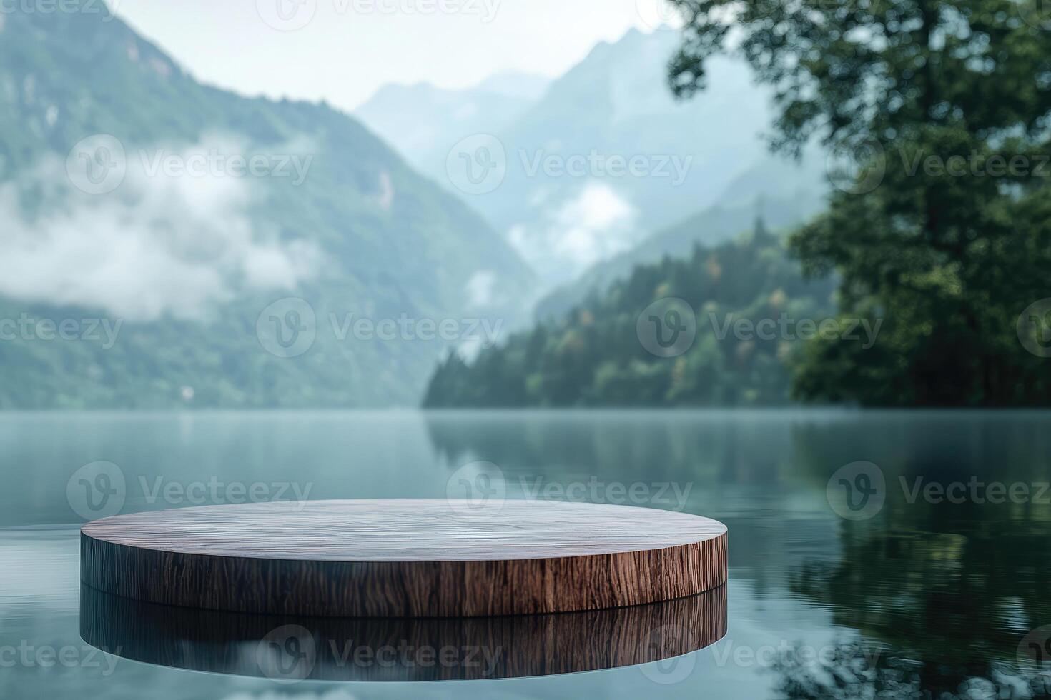Circular platform on misty lake with mountains photo