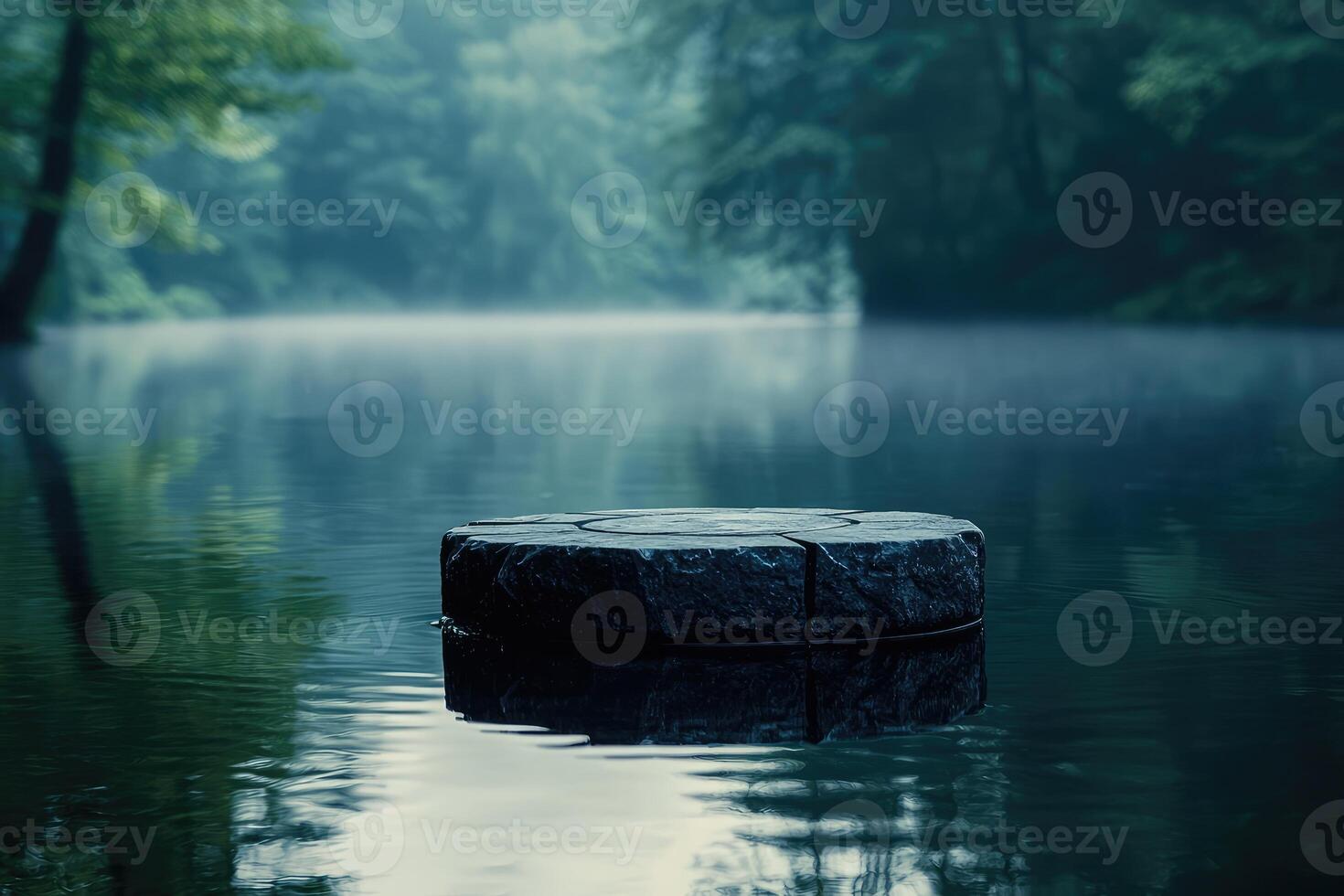 Mysterious floating tire in misty forest lake photo